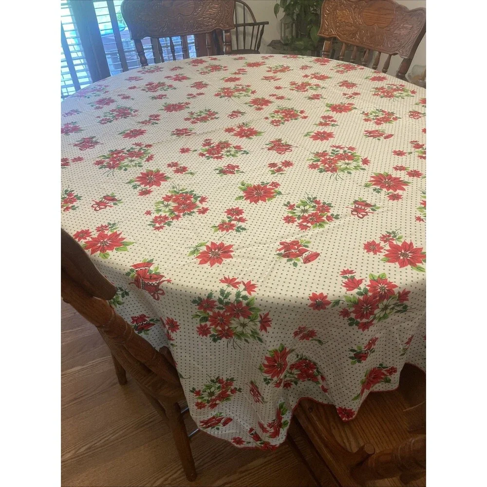 Vtg Christmas Tablecloth White w/ Red Poinsettia & Bells Green Polka Dots 58x81”